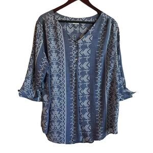 Avenue Women Tunic Top 18/20 Blue 1/4 Popover High Low Hem Aztec Boho Cottage